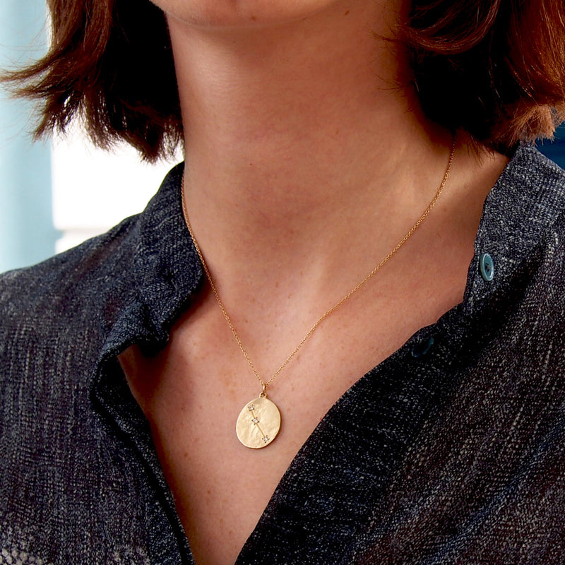 Model wearing Hand made in Los Angeles Brooke Gregson 14k gold Zodiac Aries Diamond Star sign Necklace