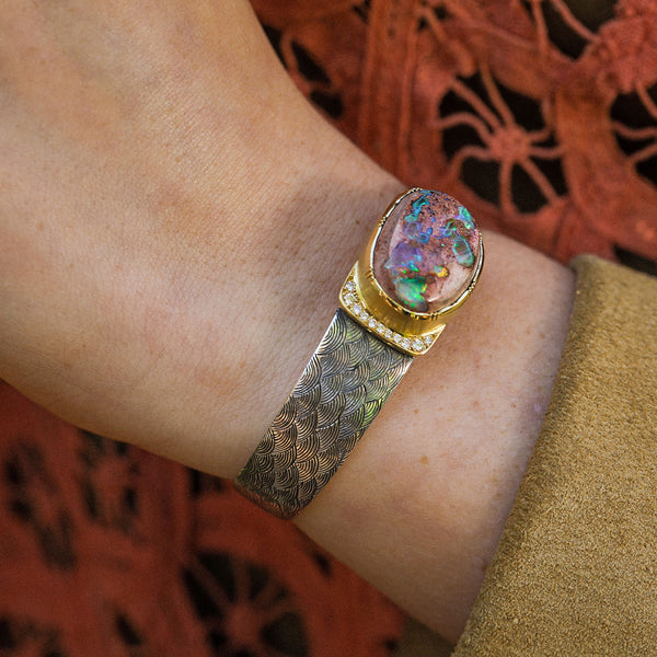 Matrix Fire Opal Engraved Cuff