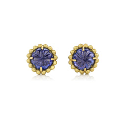 Hand carved Tanzanite flower blossom earrings with 18k gold beaded surround. Fine jewelry hand made in London from Los Angeles designer Brooke Gregson. 