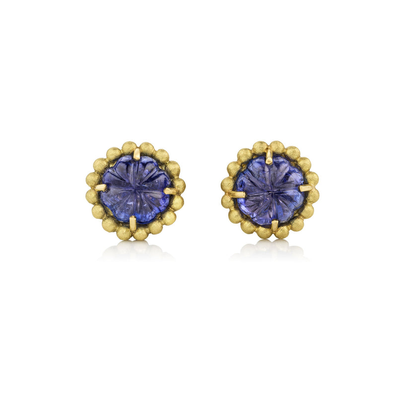 Hand carved Tanzanite flower blossom earrings with 18k gold beaded surround. Fine jewelry hand made in London from Los Angeles designer Brooke Gregson. 