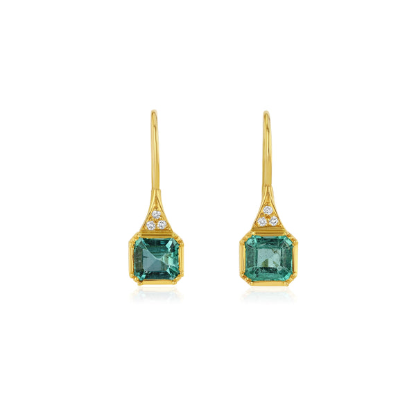 EMERALD CUBE HALO DROP EARRINGS