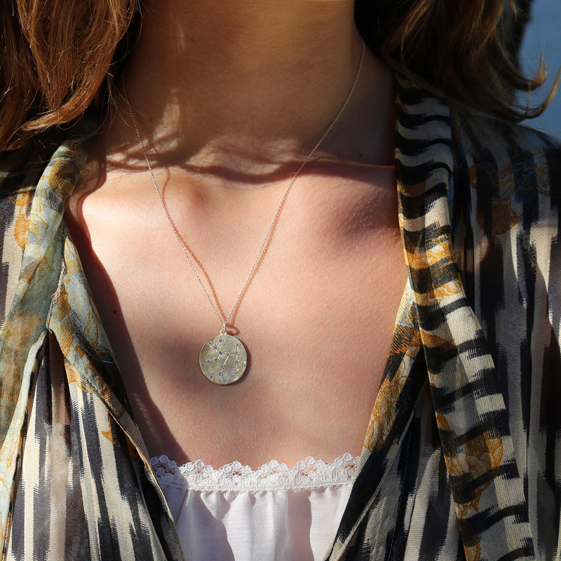 Model wearing Hand made in Los Angeles Brooke Gregson 14k Gold Astrology Zodiac Sagittarius Star Sign Diamond Necklace