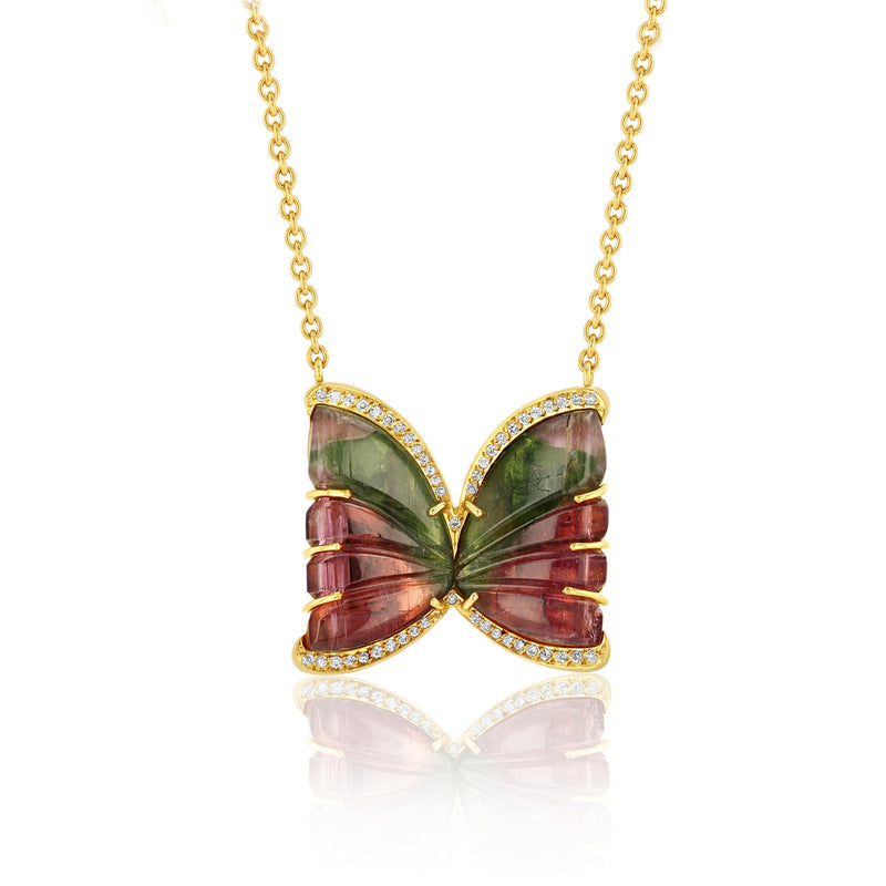 18k gold one of a kind hand carved Tourmaline Butterfly necklace with White Diamond pave, fine jewelry hand made in London from Los Angeles designer Brooke Gregson