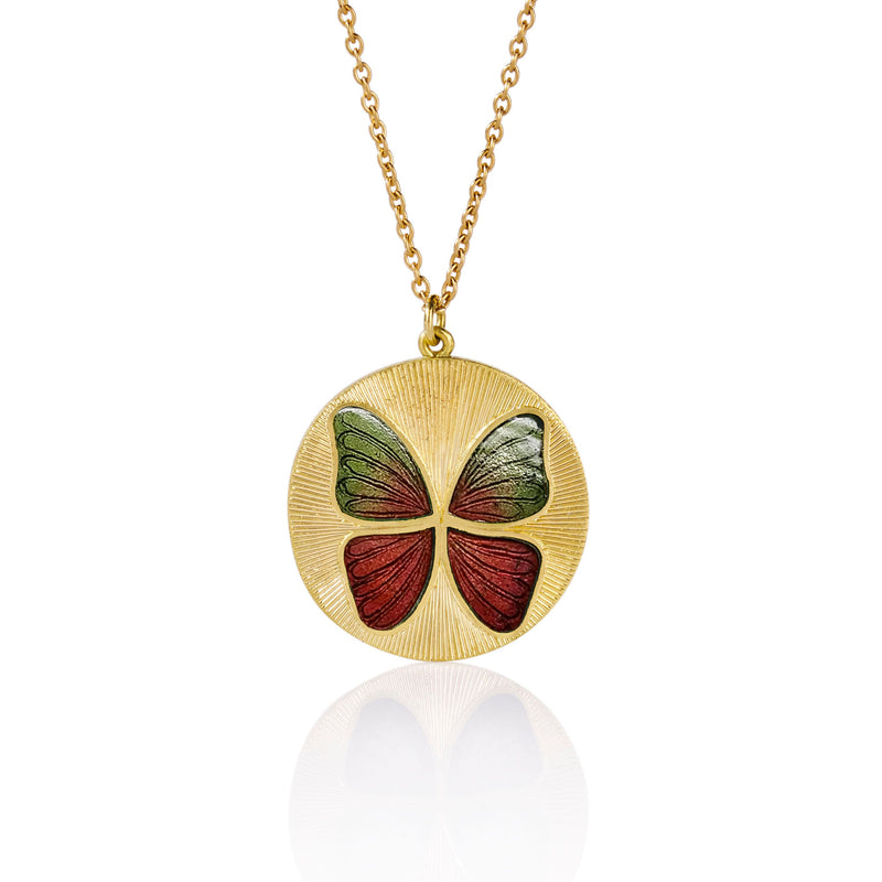 18k gold red and green ombre enamel butterfly necklace fine jewelry hand made in London from Los Angeles designer Brooke Gregson