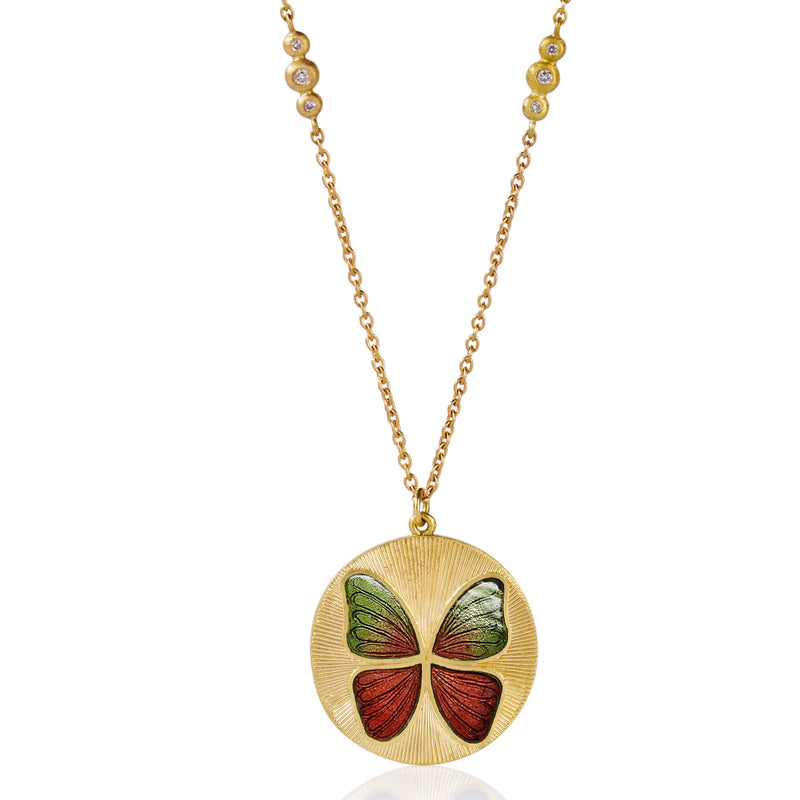 18k gold red and green ombre enamel butterfly necklace fine jewelry hand made in London from Los Angeles designer Brooke Gregson