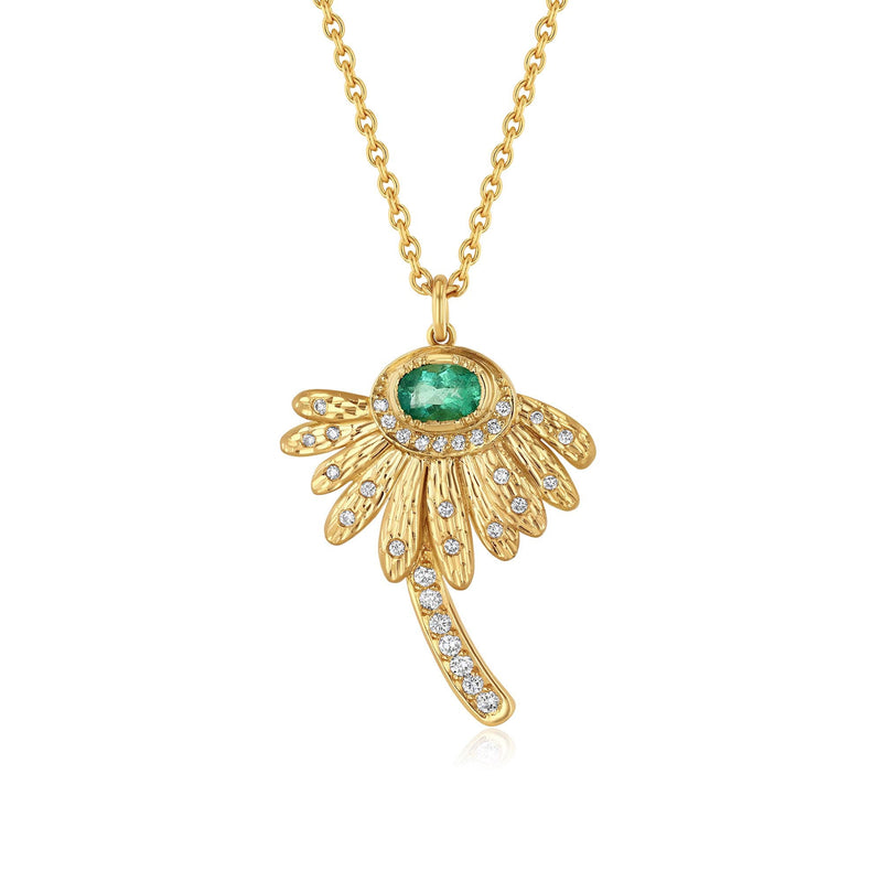 One of a kind hand engraved Emerald daisy necklace with White Diamond pave  in 18k gold.  Fine jewelry hand made in London from Los Angeles designer Brooke Gregson.