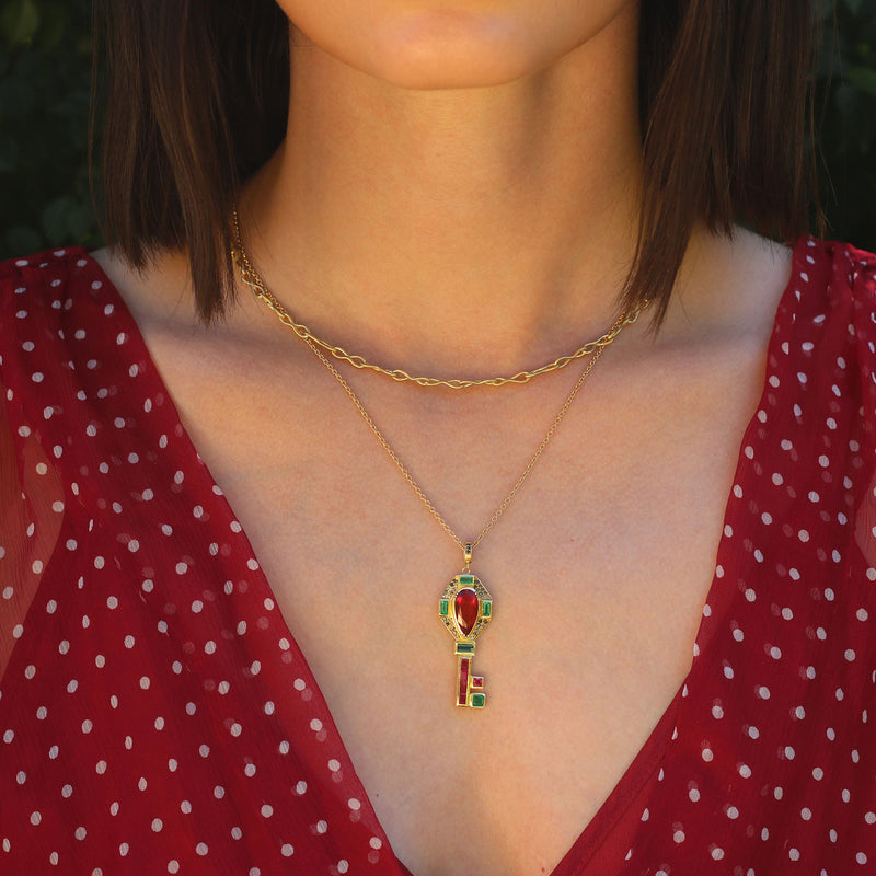 Fire Opal Tourmaline Emerald Ruby Spinel Key Necklace