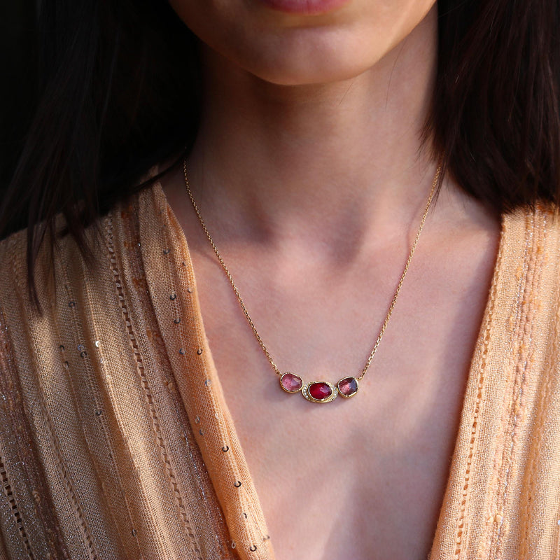 ORBIT 3 PINK SAPPHIRE RUBY HALO NECKLACE