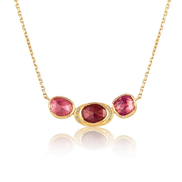 ORBIT 3 PINK SAPPHIRE RUBY HALO NECKLACE