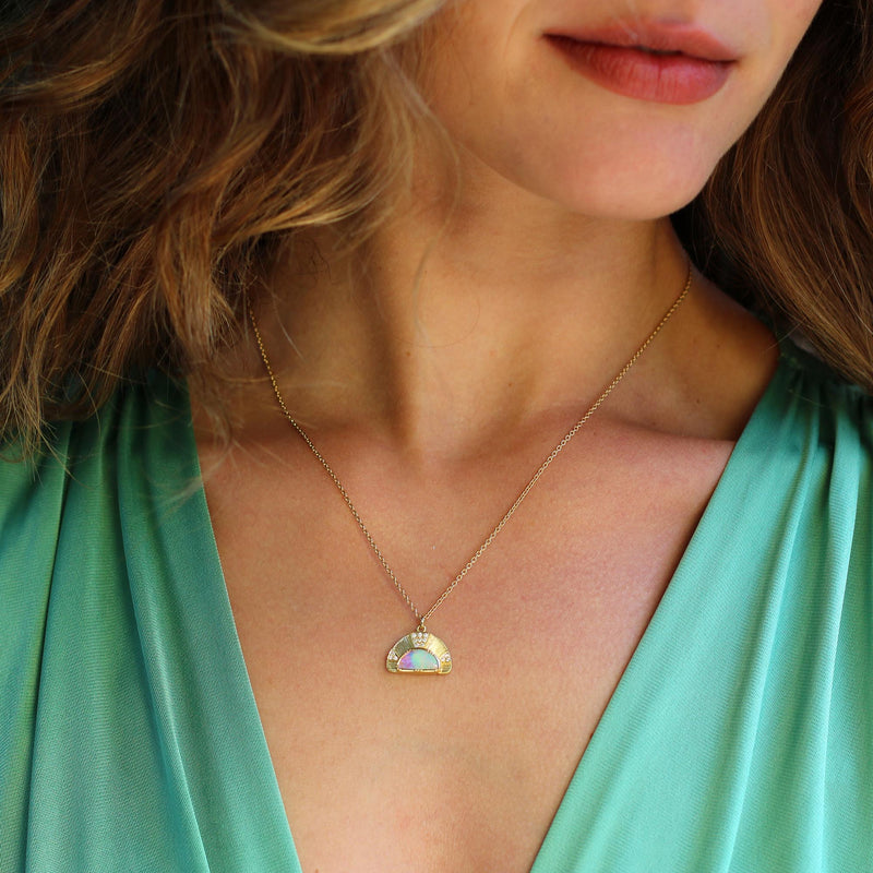 ENGRAVED SUN RAY OPAL DIAMOND NECKLACE