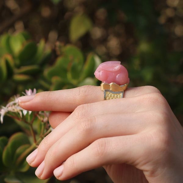 PINK OPAL BUNNY ENGRAVED RING