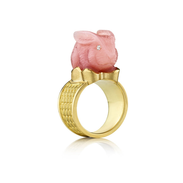 Unique, hand engraved Pink Opal bunny ring with white diamond eyes and basket weave 18k gold band fine jewelry from Los Angeles designer Brooke Gregson.