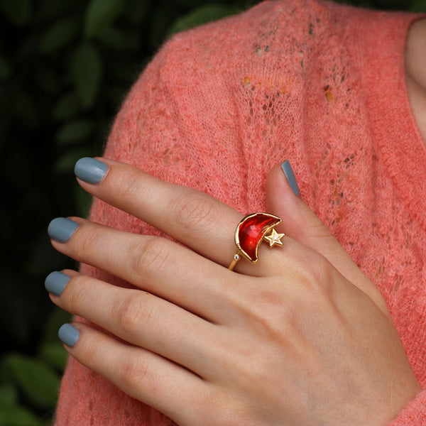 CRESCENT MOON FIRE OPAL STAR RING