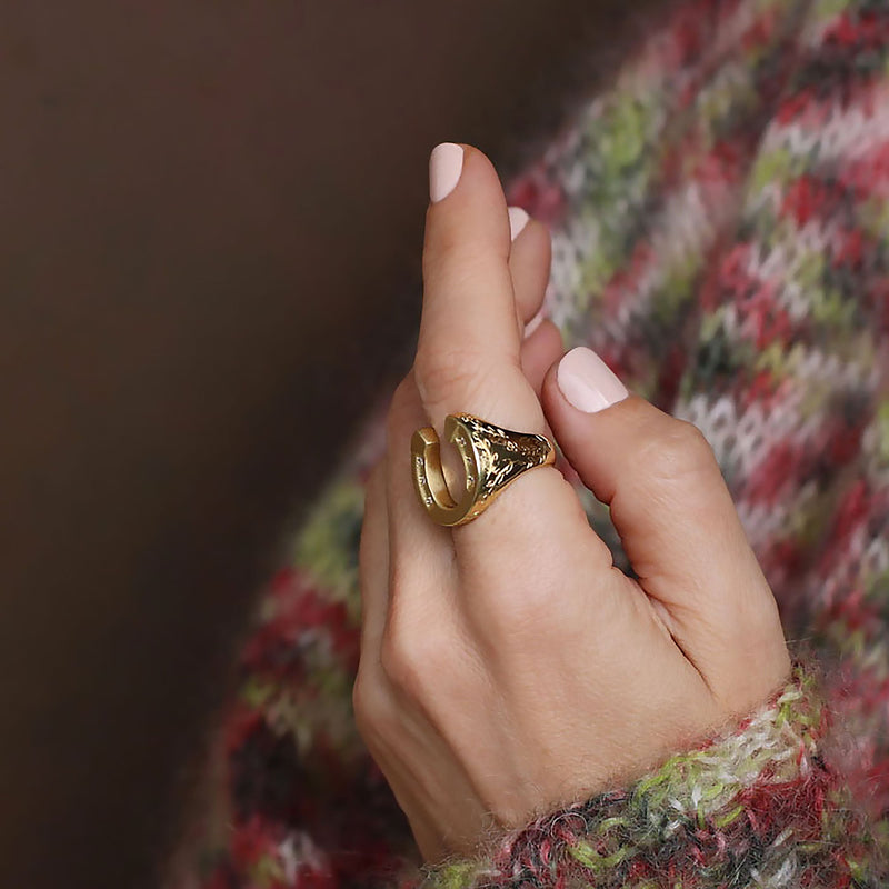 Side view of model wearing 18k gold hand engraved horseshoe ring with diamonds by Los Angeles fine  jewelry designer Brooke Gregson.