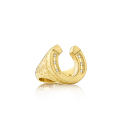 18k gold hand engraved horseshoe ring with diamonds by Los Angeles fine  jewelry designer Brooke Gregson.