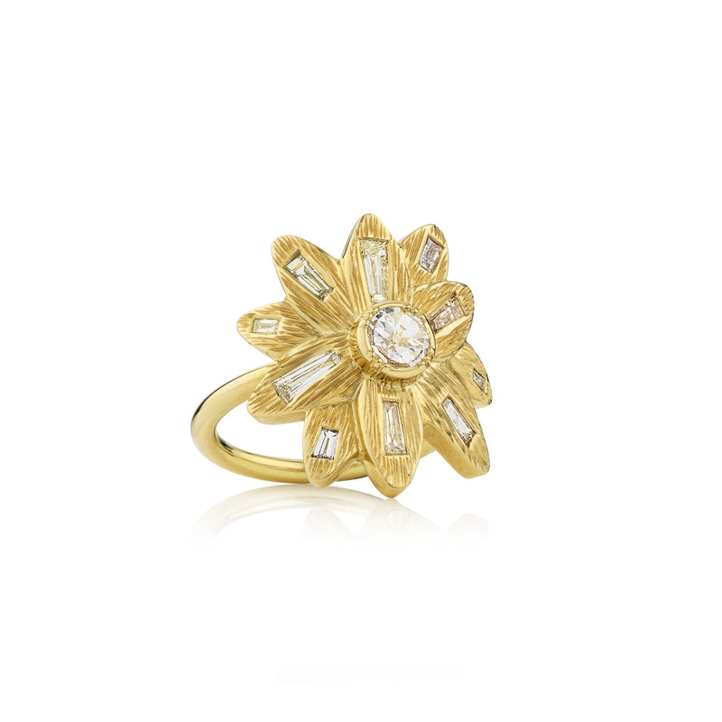 One of a kind 18k gold Diamond ring with tapered baguette diamond, hand engraved petals. Fine jewellery hand made in London from Los Angeles designer Brooke Gregson