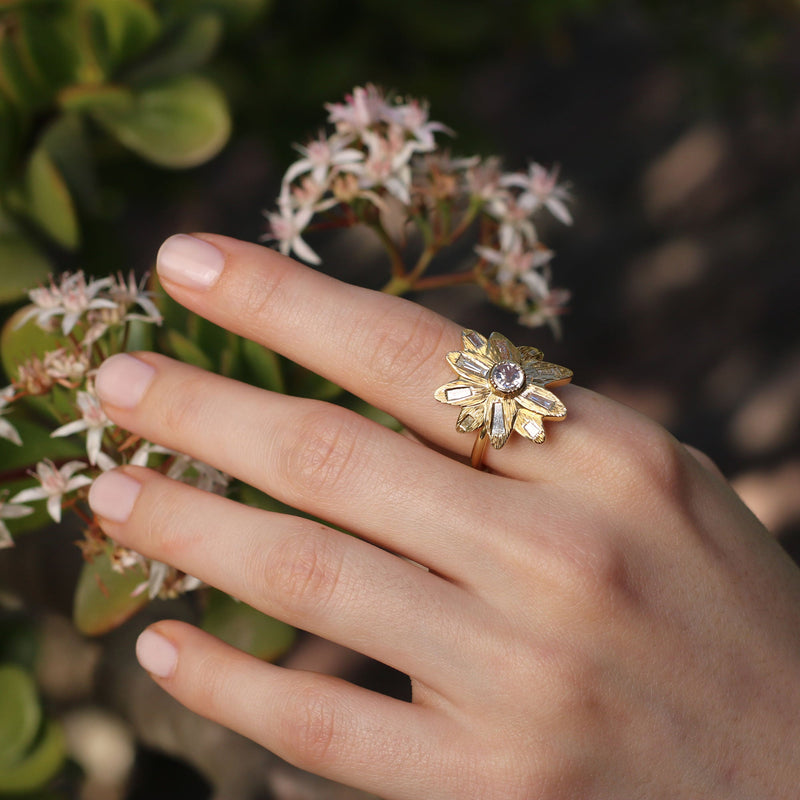 Mandala Engraved Diamond Flower Ring