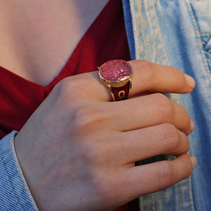 TOURMALINE SCARAB ENAMEL ANKH RING