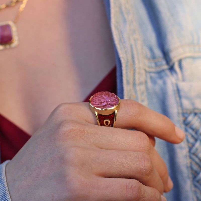 TOURMALINE SCARAB ENAMEL ANKH RING