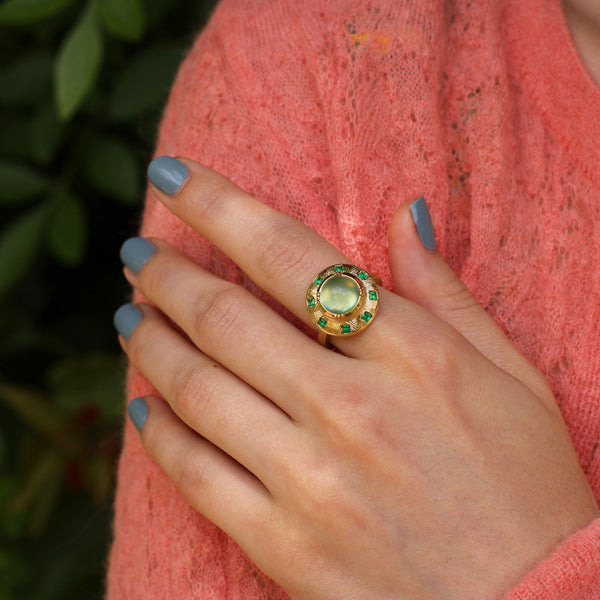 PREHNITE EMERALD SUN DIAL ENGRAVED RING