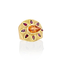 One of a kind Sunshine Mandarin Garnet Ruby Engraved Ring fine jewelry handmade in London from Los Angeles designer Booke Gregson