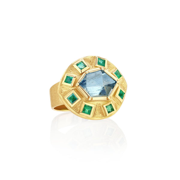 18k gold Utopia Engraved Aquamarine Emerald Ring by Los Angeles fine jewellery designer Brooke Gregson